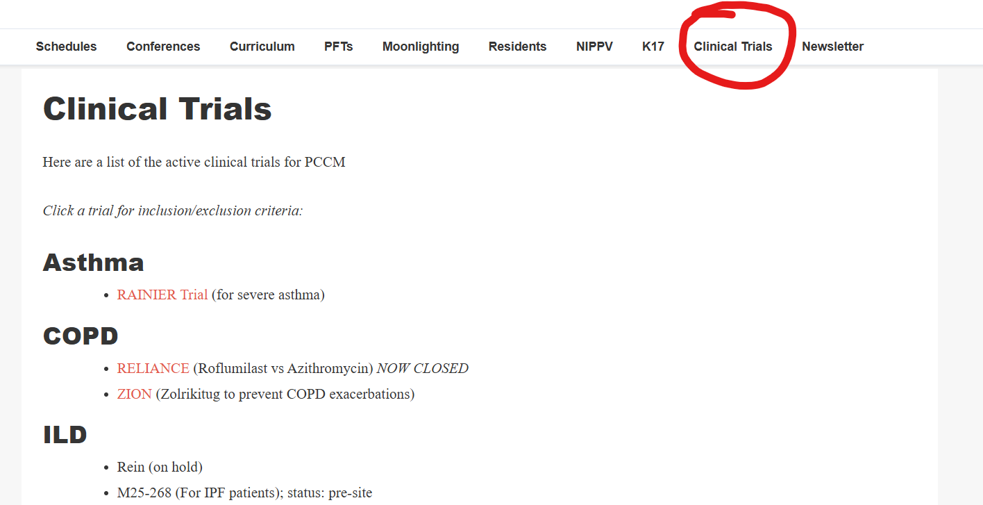 Clinical Trials menu screenshot